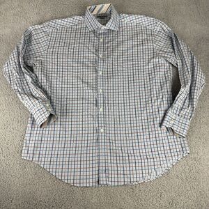 Johnston & Murphy Flip Cuff Dress Shirt Mens Large Blue Check Business Casual Lg
